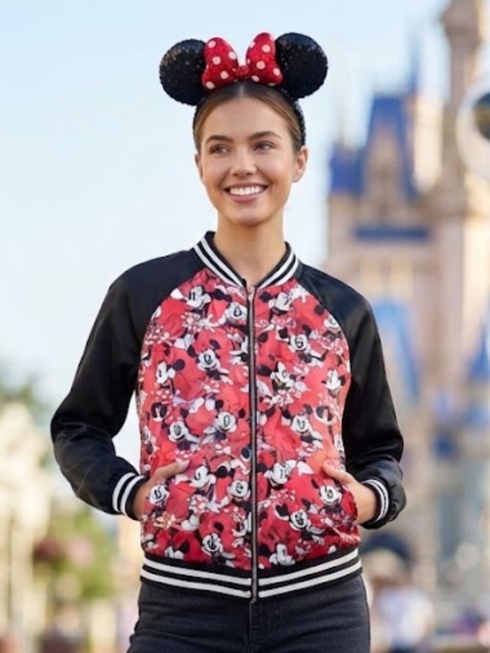 Disney Minnie Mouse Satin Bomber Jacket Youth XL 16 Women's XS Pink Full Zip Up